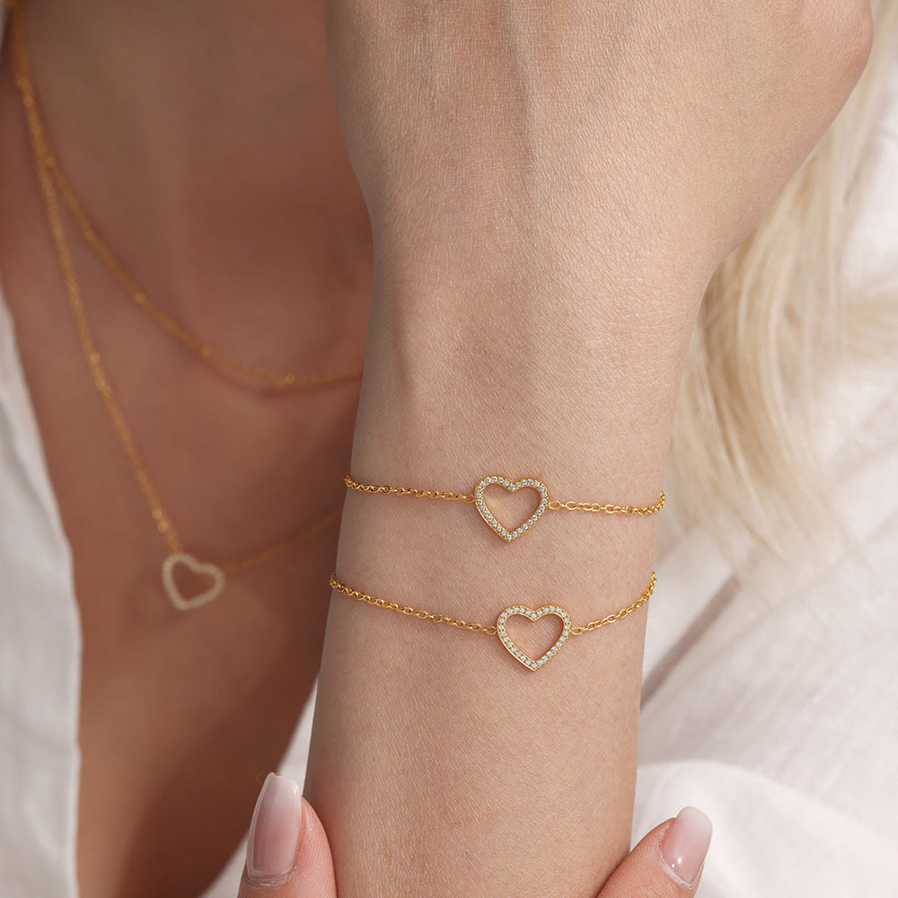 Stainless Steel Fully Jeweled Loving Heart Zircon Non-fading Texture Bracelet For Women