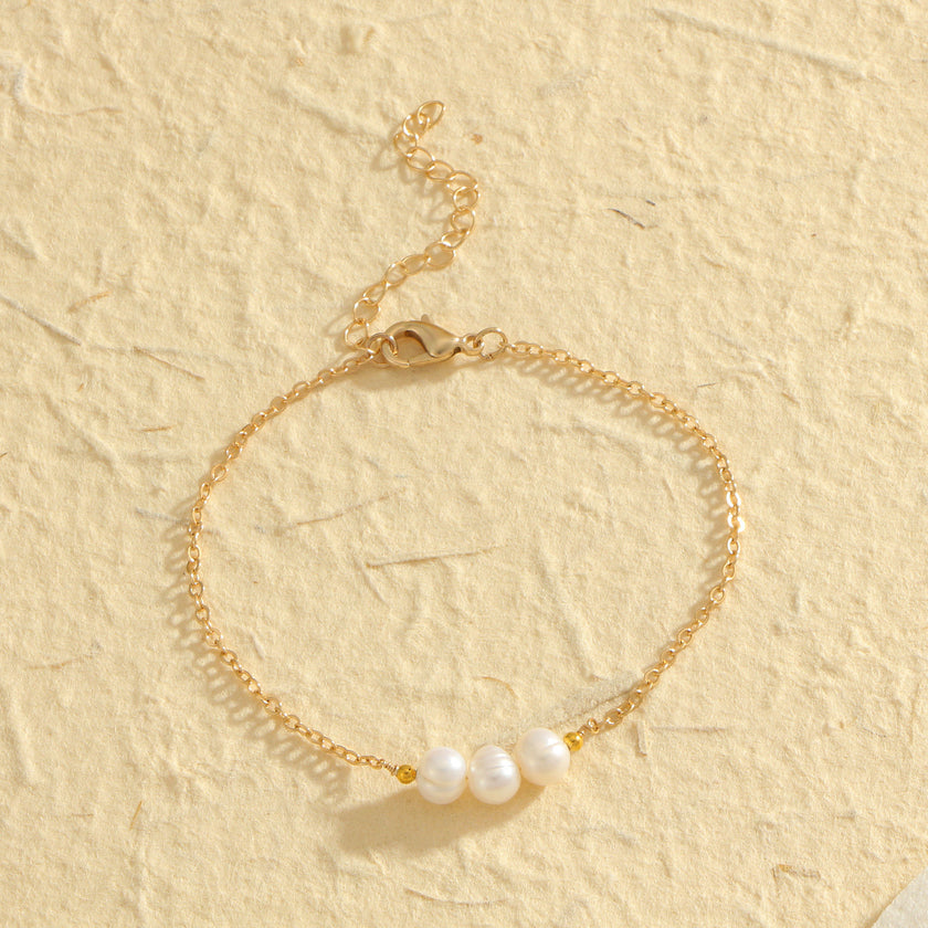 Gold Three Natural Freshwater Pearl Bracelet