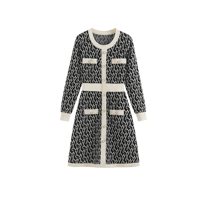 Women's French Round Neck Waist Trimming Classic Style Knitted Dress