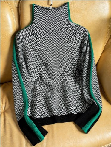 Lazy Loose Contrast Sleeves Fully Imitated Wool High Neck Sweater For Women