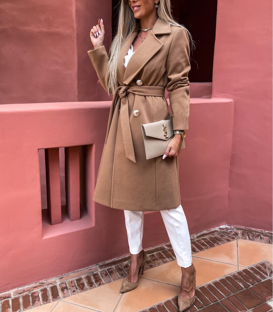 Women's Long Sleeve Button V-neck Lace Up Woolen Coat