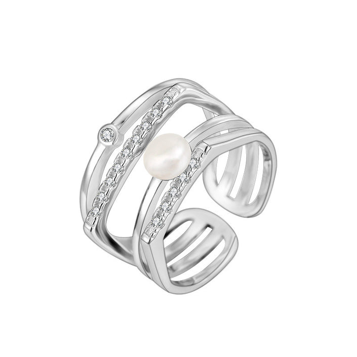 Sterling Silver Pearl Eardrop Frame Women's Multi-layer Open Ring