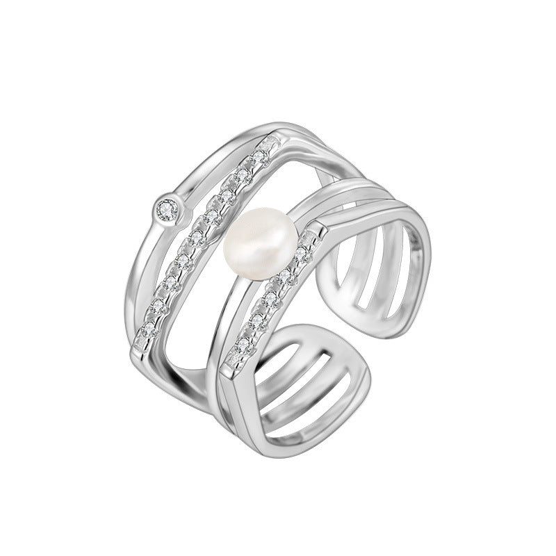 Sterling Silver Pearl Eardrop Frame Women's Multi-layer Open Ring
