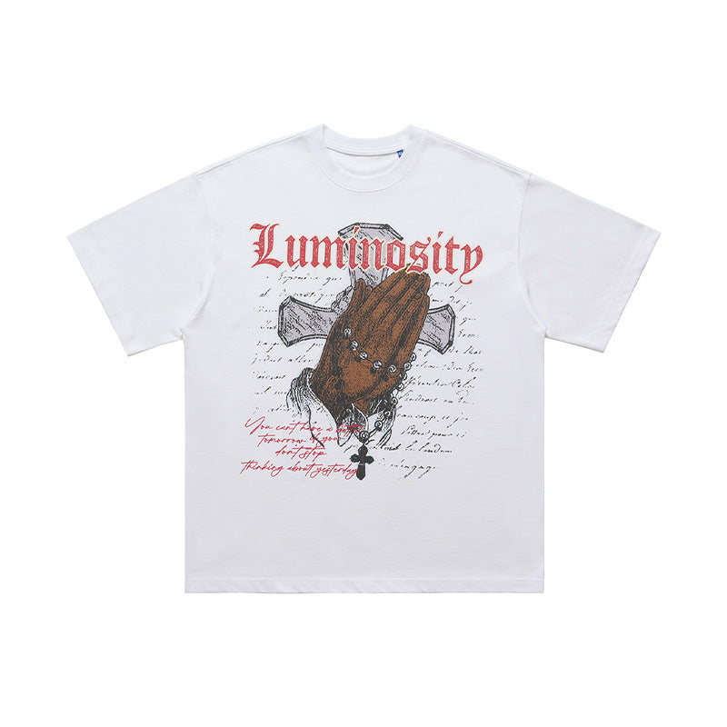 Vintage Cross Letter Printed Loose Short Sleeve T-shirt Men