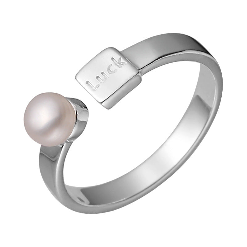 Simple French Retro 925 Sterling Silver Luck Letter Pearl Ring For Women