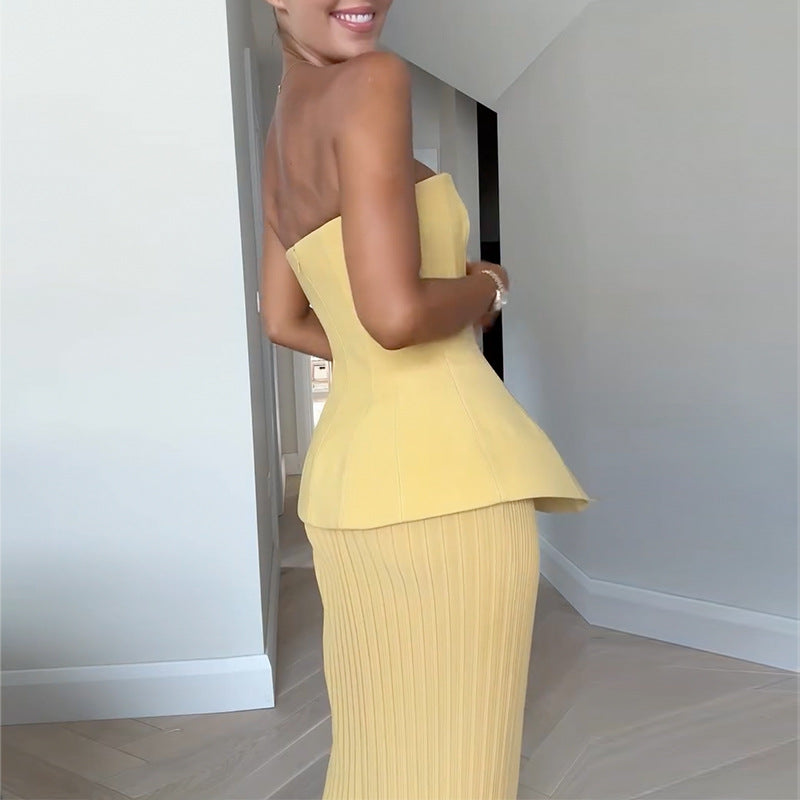 Tube Top High Waist Pleated Skirt Two-piece Set