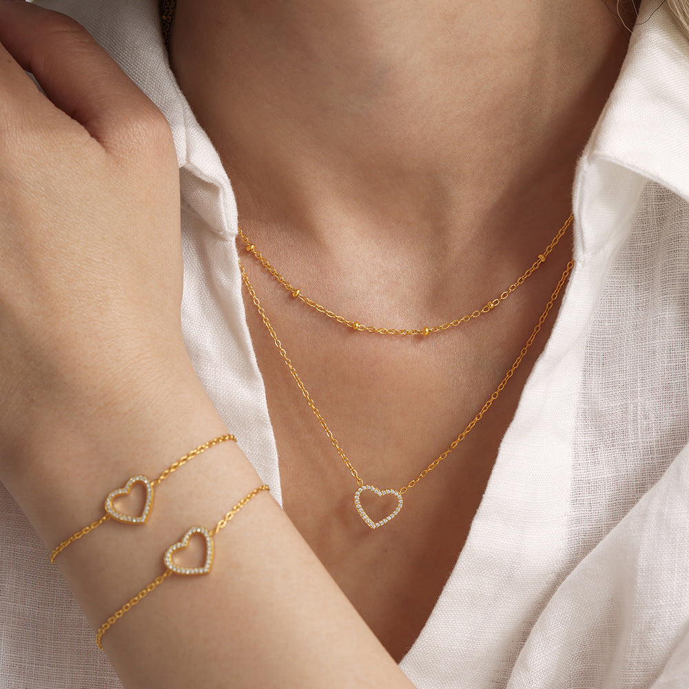 Stainless Steel Fully Jeweled Loving Heart Zircon Non-fading Texture Bracelet For Women