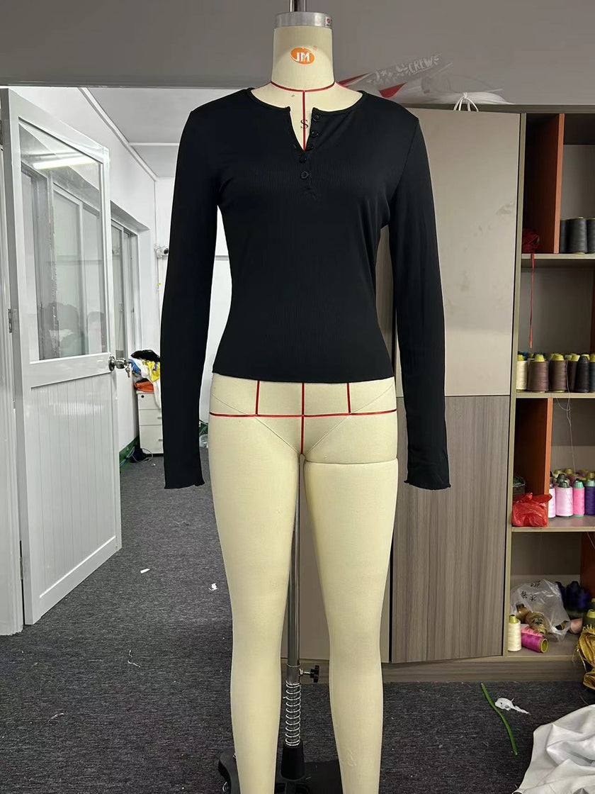 Women's Long Sleeve Breasted V-neck Slim-fit Crop-top