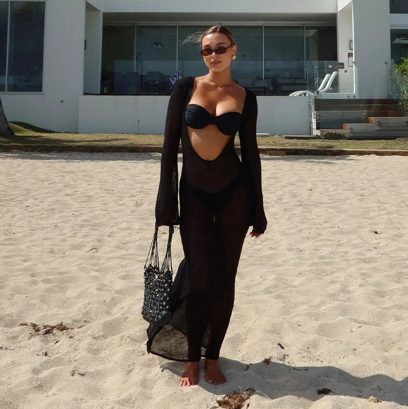 Beach Holiday Dress See-through Backless Knitted Blouse