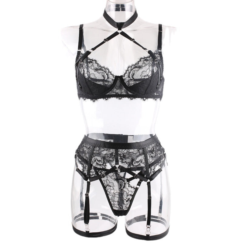 New Fashion Black Lace See-through Bra Halter Underwear Suit