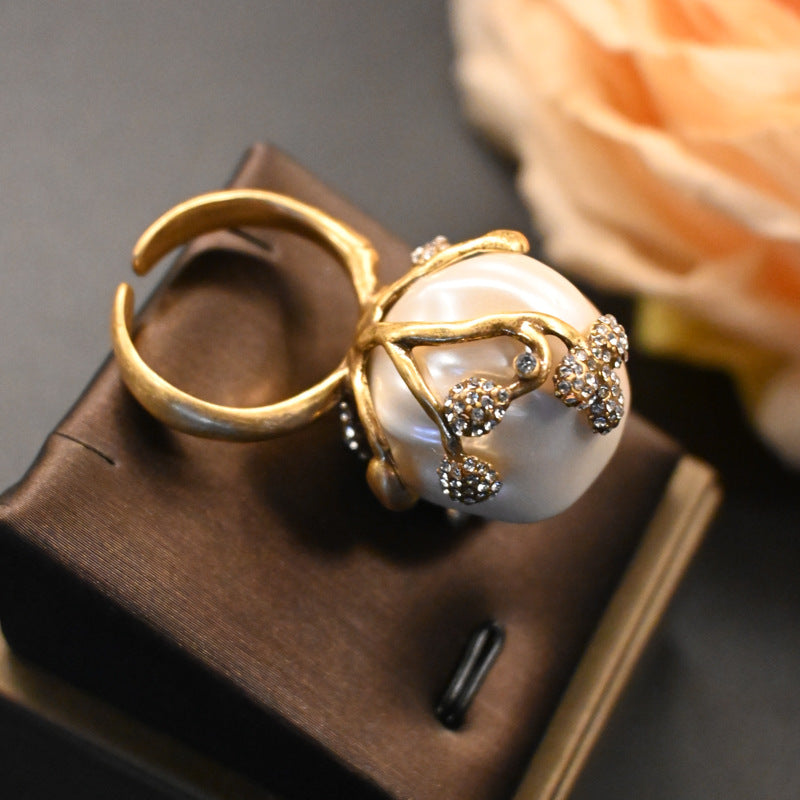 Vintage Brass Inlaid Baroque Pearl Bud Ear Stud And Ring