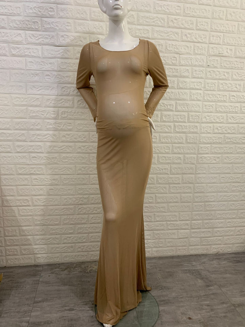 Women's Clothing See-through High Elastic Net Round Neck Slim Fit Pregnant Women Mopping Dress