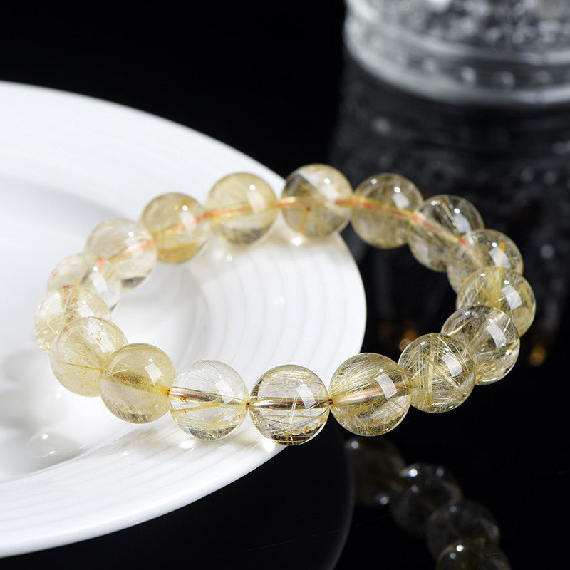 Natural Gold Rutilated Quartz Sago Cycas Honeysuckle Ball Bracelet