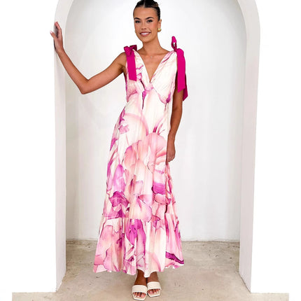 Tied V-neck Sleeveless Printed Dress Women