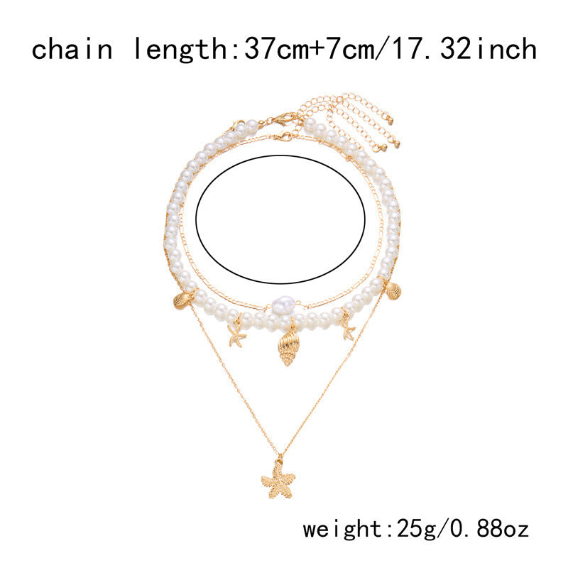 Summer Retro Vacation Style Beach Shell Artificial Pearl Conch Multi-layer Women's Necklace