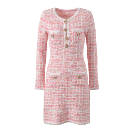 Temperament Cute Youth-looking Plaid Crew Neck Knitted Dress