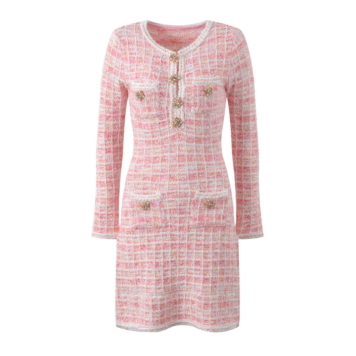 Temperament Cute Youth-looking Plaid Crew Neck Knitted Dress