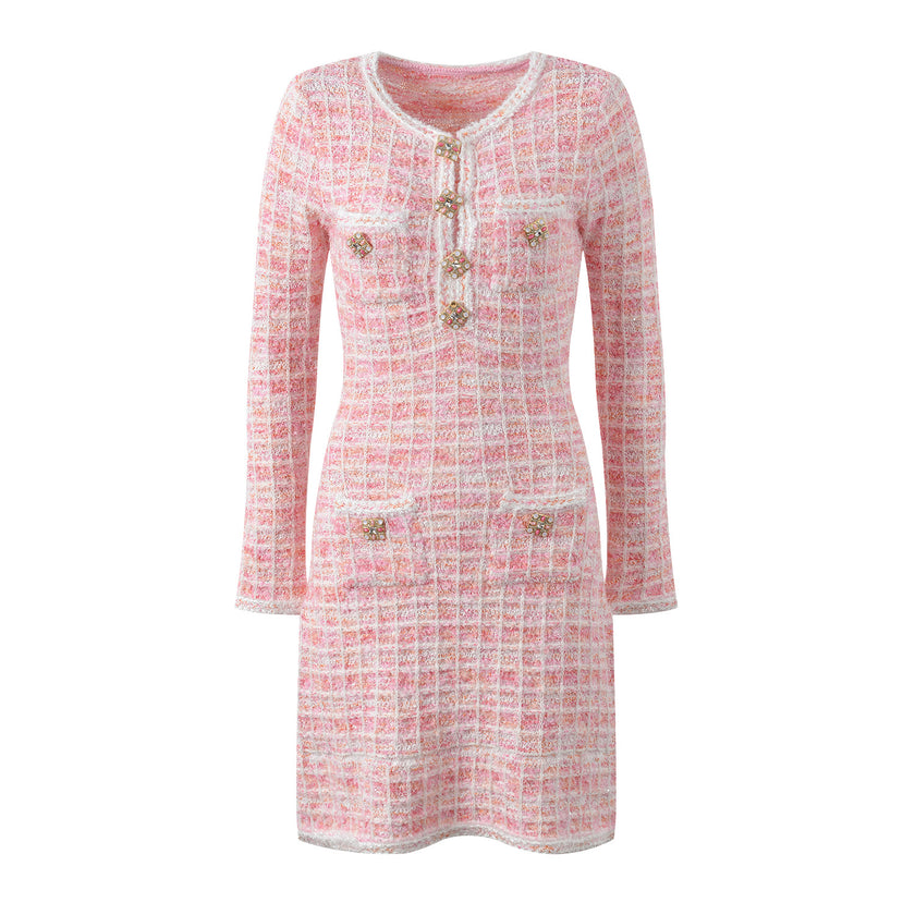 Temperament Cute Youth-looking Plaid Crew Neck Knitted Dress