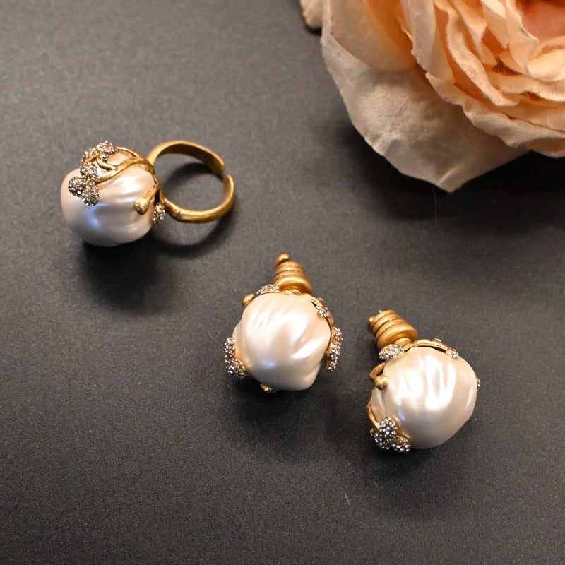 Vintage Brass Inlaid Baroque Pearl Bud Ear Stud And Ring