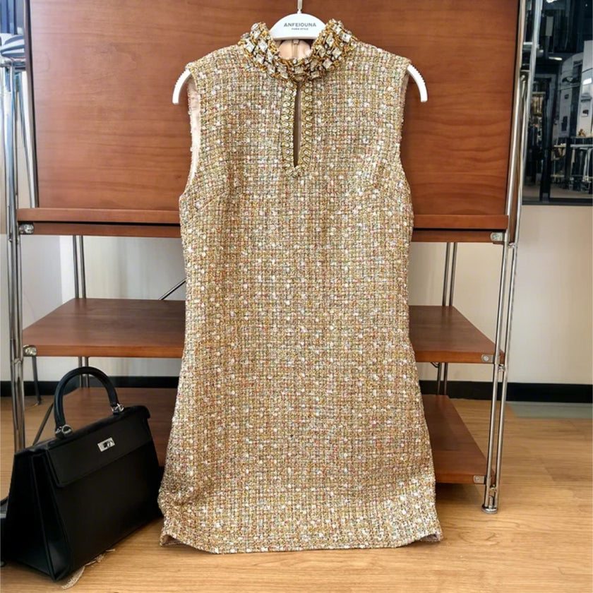 Classic Style Tweed Heavy Industry Rhinestone Lace Sleeveless Vest Dress