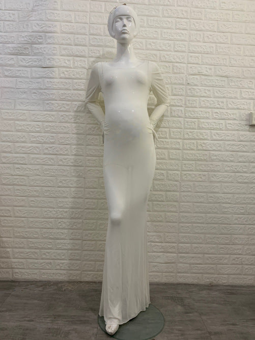 Women's Clothing See-through High Elastic Net Round Neck Slim Fit Pregnant Women Mopping Dress