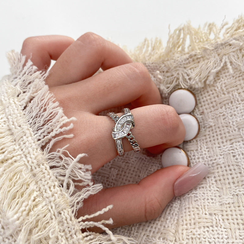 Zircon Full Diamond Knot Chain Strip Index Finger Ring For Women