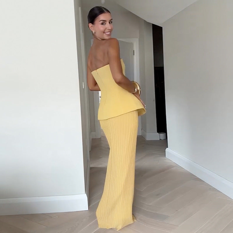 Tube Top High Waist Pleated Skirt Two-piece Set