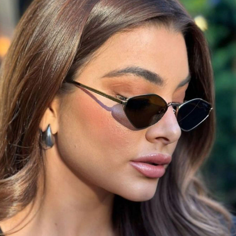 Cat Eye Metal Sunglasses Female Personality Polygon European And American Ins Small Frame