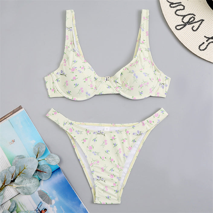 Bikini Floral Yellow Split Swimsuit