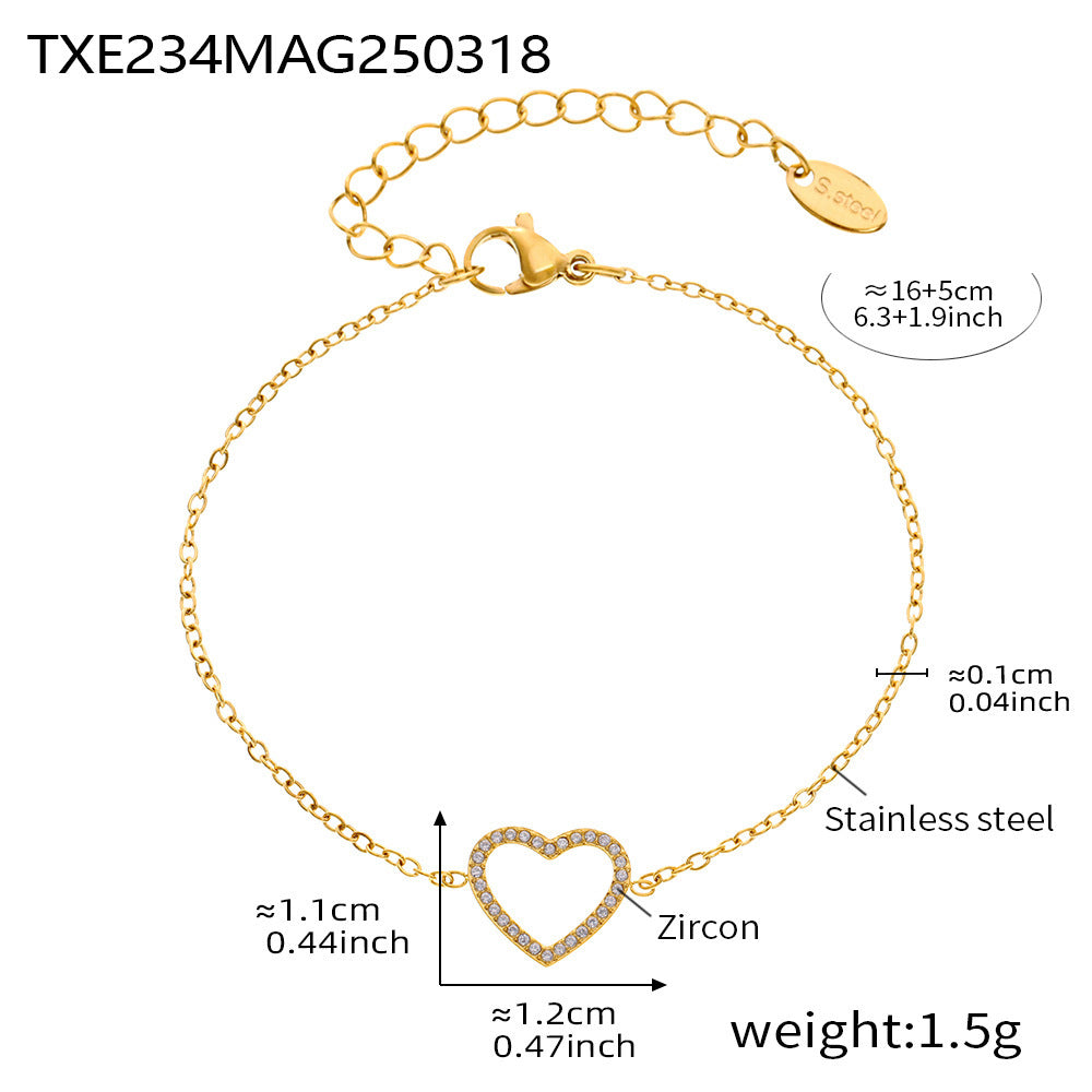 Stainless Steel Fully Jeweled Loving Heart Zircon Non-fading Texture Bracelet For Women