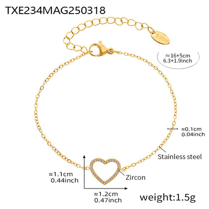 Stainless Steel Fully Jeweled Loving Heart Zircon Non-fading Texture Bracelet For Women