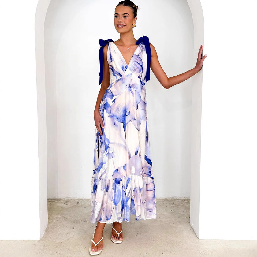 Tied V-neck Sleeveless Printed Dress Women