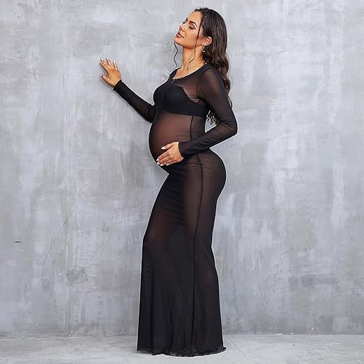 Women's Clothing See-through High Elastic Net Round Neck Slim Fit Pregnant Women Mopping Dress
