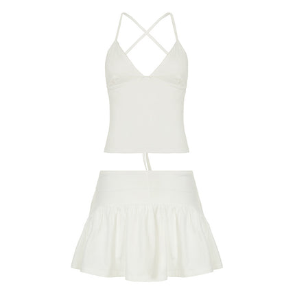 Solid Color And V-neck Hollow Out Strap Short Exercise Skirt Suit