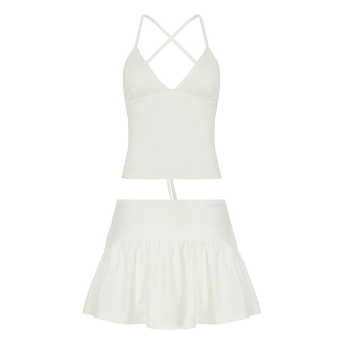 Solid Color And V-neck Hollow Out Strap Short Exercise Skirt Suit