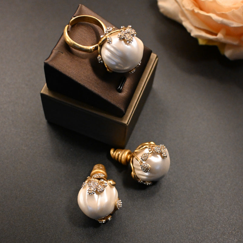 Vintage Brass Inlaid Baroque Pearl Bud Ear Stud And Ring