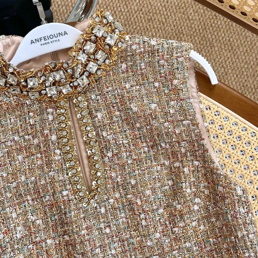 Classic Style Tweed Heavy Industry Rhinestone Lace Sleeveless Vest Dress