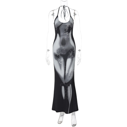 Spring New Printed Halter Slim Fit Sexy Backless Dress Women