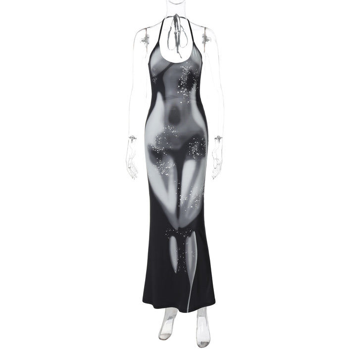 Spring New Printed Halter Slim Fit Sexy Backless Dress Women
