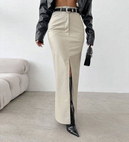 Leather Design Split Solid Color High Waist Simple Skirt