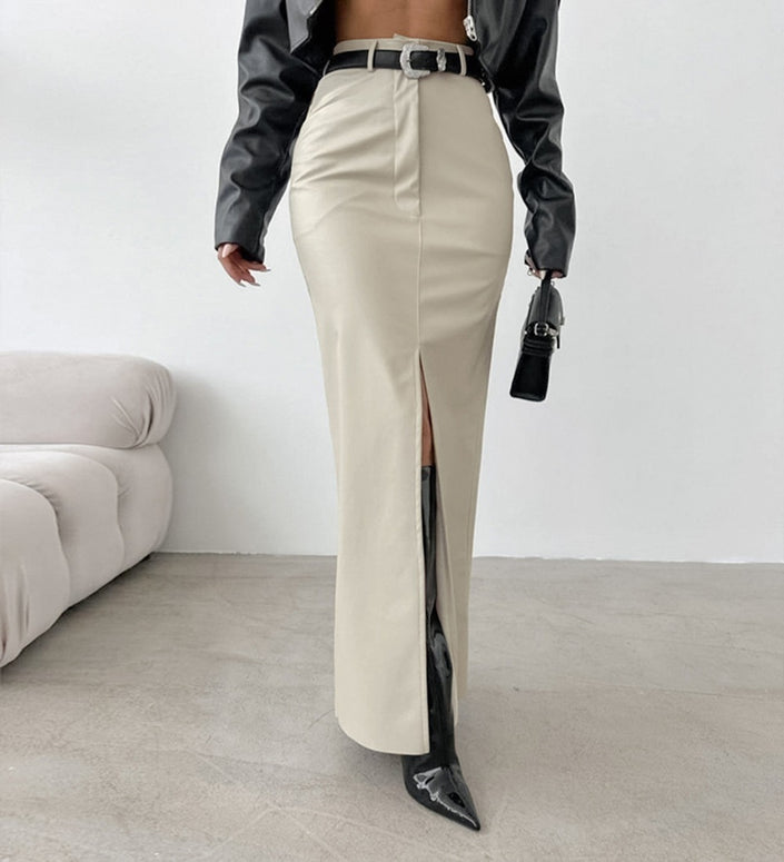 Leather Design Split Solid Color High Waist Simple Skirt