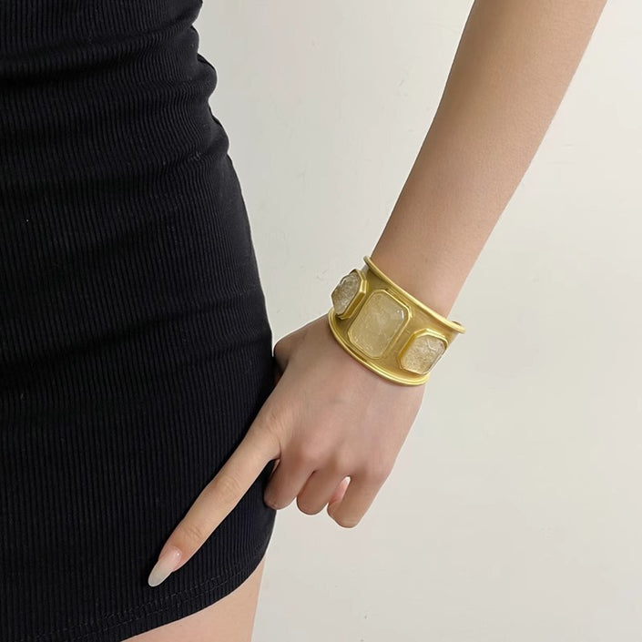 Heavy Industry Gold Large Square Crystal Wide Bracelet