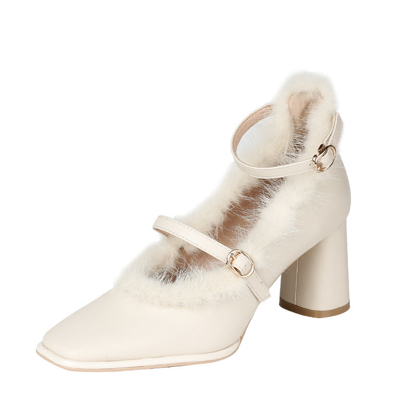 Retro Square Toe Single New Mink Fur French Style Chunky High Heels For Women