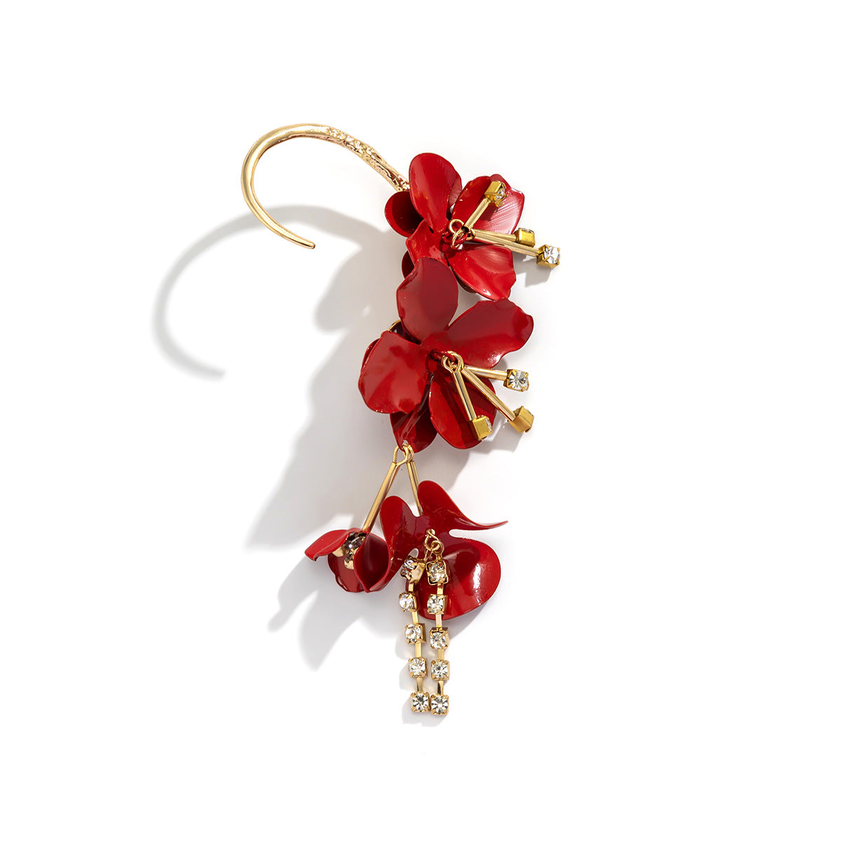 Long Rhinestone-encrusted Chain Flower Ear Clip