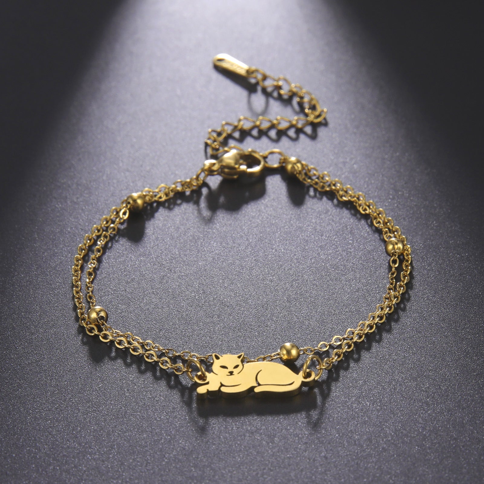 Cute Double Hole Lying Kitten Pendant Titanium Steel Bracelet