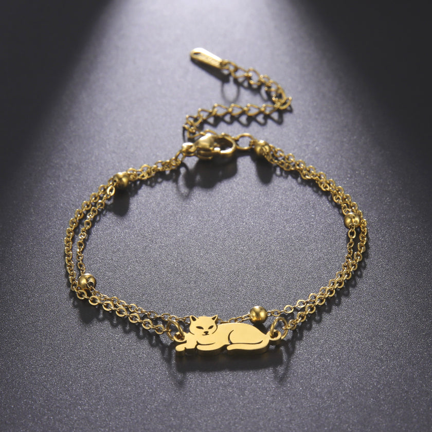 Cute Double Hole Lying Kitten Pendant Titanium Steel Bracelet