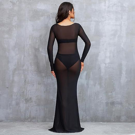 Women's Clothing See-through High Elastic Net Round Neck Slim Fit Pregnant Women Mopping Dress