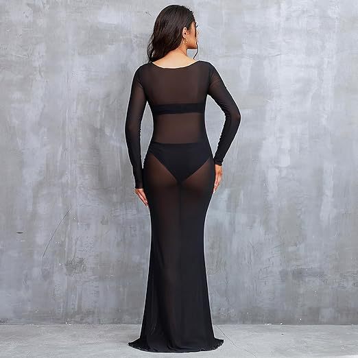 Women's Clothing See-through High Elastic Net Round Neck Slim Fit Pregnant Women Mopping Dress