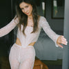 Lace Ribbon Long Sleeve Deep V Diamond Top For Women