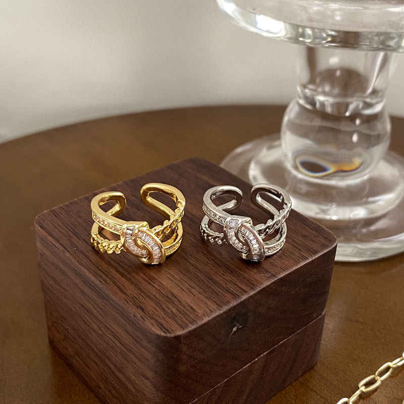 Zircon Full Diamond Knot Chain Strip Index Finger Ring For Women